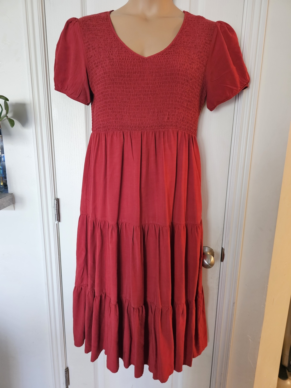SHEIN Sz L Red Smocked Bodice Tiered Midi Dress